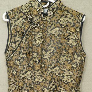 Whitby Size 39 Black Gold Silk Hanfu Asian Formal Dress Black Trim Dragon Print